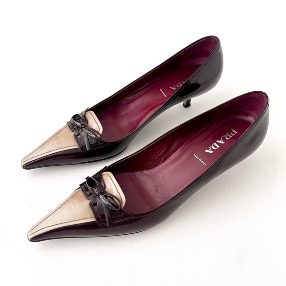 PRADA | Burgundy Brown Beige Patent Leather Bow Kitten Heel Pointed Pumps EU 38 - Picture 1 of 11